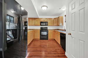 Kitchen with black appliances, light brown cabinets, sink, and dark wood-type flooring