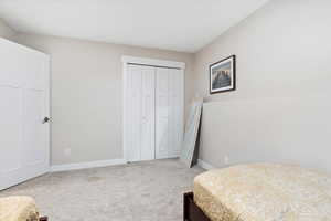 Carpeted bedroom featuring a closet