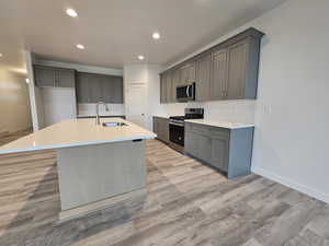 Kitchen featuring decorative backsplash, a kitchen island with sink, sink, light wood-type flooring, and appliances with stainless steel finishes