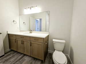 Bathroom with vanity, hardwood / wood-style flooring, and toilet