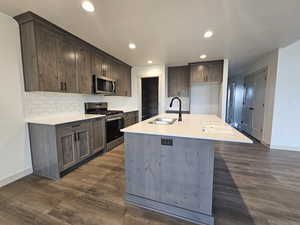 Kitchen with tasteful backsplash, appliances with stainless steel finishes, sink, dark hardwood / wood-style floors, and a center island with sink