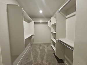 Spacious closet featuring dark colored carpet