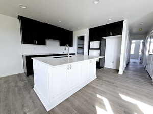 Kitchen featuring an island with sink, light hardwood / wood-style flooring, sink, a textured ceiling, and tasteful backsplash