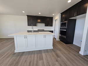 Kitchen with light hardwood / wood-style floors, stainless steel appliances, sink, a kitchen island with sink, and backsplash