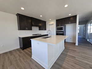 Kitchen with stainless steel appliances, decorative backsplash, hardwood / wood-style flooring, sink, and an island with sink