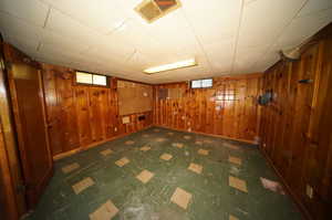 Basement featuring wood walls