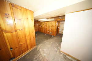 Basement featuring wood walls