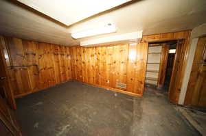 Basement featuring wood walls