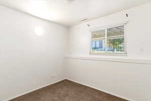 Empty room with dark colored carpet