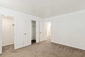 Unfurnished bedroom featuring light carpet and a walk in closet