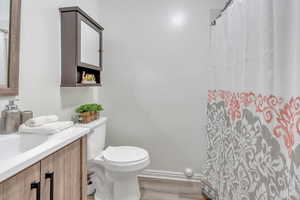 Bathroom featuring vanity, hardwood / wood-style flooring, toilet, and walk in shower