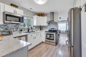 Kitchen featuring tasteful backsplash, sink, white cabinetry, stainless steel appliances, and wall chimney exhaust hood