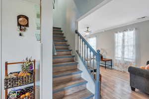 Stairway featuring crown molding and hardwood / wood-style flooring