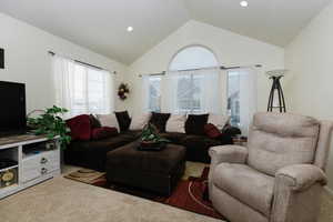 Carpeted living room featuring lofted ceiling