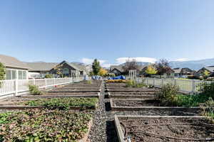 Fenced backyard with a vegetable garden and a residential view