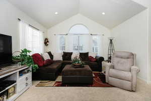 Carpeted living room with vaulted ceiling