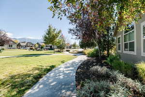 View of property's community with a residential view, a lawn, and a mountain view