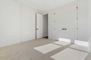 Bedroom with a closet and light carpet