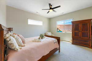 Carpeted bedroom with ceiling fan