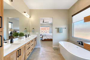 Bathroom featuring vanity, a bathing tub, and ceiling fan