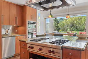 Kitchen with stainless steel appliances, ventilation hood, brown cabinets, hanging light fixtures, and wood finished floors