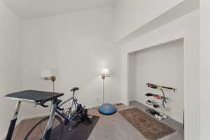 Exercise room with carpet and baseboards