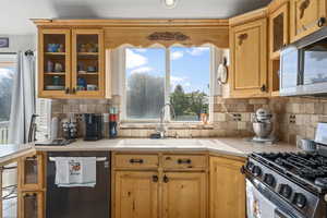 Kitchen with appliances with stainless steel finishes, sink, and backsplash