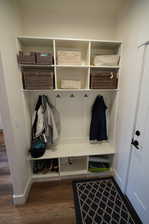 Mudroom featuring dark wood-type flooring