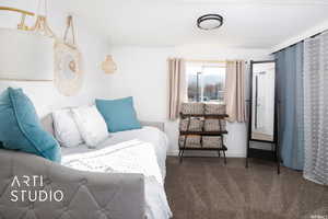 Guest bedroom with dark carpet