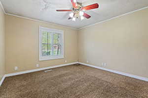 Carpeted empty room with ornamental molding, a textured ceiling, and ceiling fan