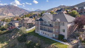 Drone / aerial view with a mountain views to the East