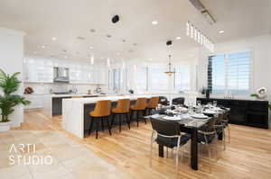 Dining area featuring light hardwood / wood-style floors and views of the valley