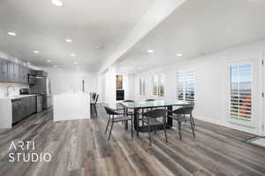 ADU Dining space featuring kitchen island, sink and valley and mountain views.