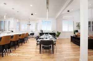 Dining room featuring a healthy amount of sunlight, valley views and light wood-type flooring