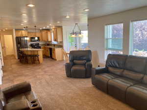 Carpeted living room with sink and a textured ceiling