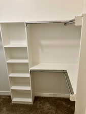 Spacious closet featuring dark colored carpet