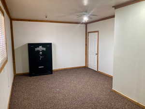 Empty room with ceiling fan, carpet, and ornamental molding