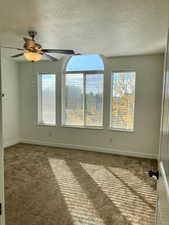 Empty room with a healthy amount of sunlight, a textured ceiling, and dark colored carpet