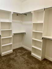 Walk in closet featuring dark colored carpet