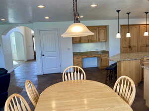 Dining room with a textured ceiling