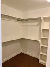 Spacious closet featuring dark colored carpet his and hers