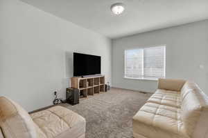 Carpeted living room featuring a textured ceiling