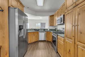 Kitchen with light hardwood / wood-style floors, stainless steel appliances, and sink