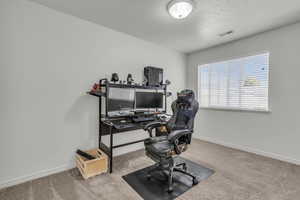 Office space featuring a textured ceiling and carpet flooring