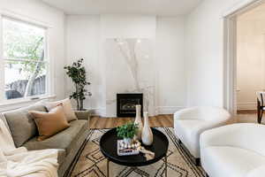 Living room with a premium fireplace and wood-type flooring