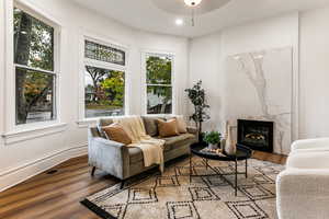 Living room with ceiling fan, a premium fireplace, a wealth of natural light, and hardwood / wood-style floors