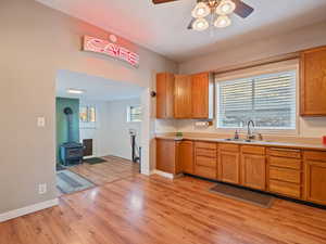 Kitchen featuring plenty of natural light, a wood stove, sink, and light hardwood / wood-style flooring