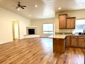 Open concept design with a seamless flow between the kitchen, dining and living spaces