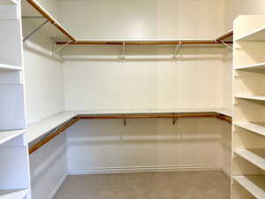 Walk in closet featuring light colored carpet with plenty of shelves and hanging area