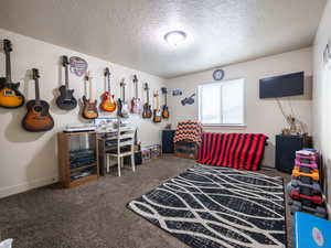 Game room featuring carpet flooring, a textured ceiling, and baseboards